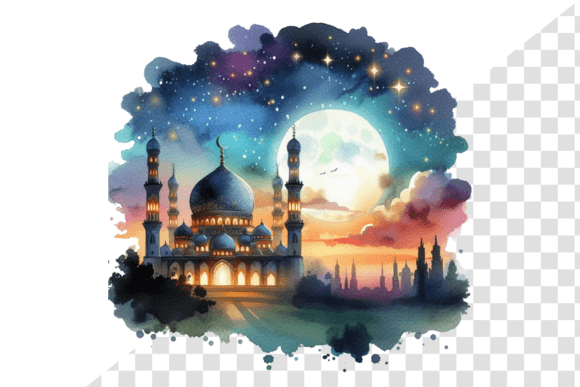 Download Eid Night Sky Mosque Serene Watercolor - Serene Collection