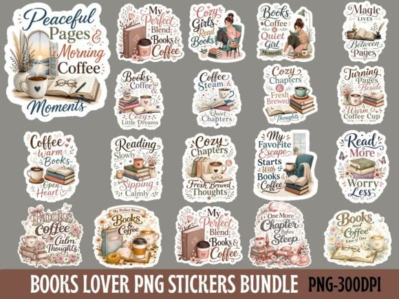Download Books &amp; Coffee Lover Png Stickers Bundle - Coffee Collection